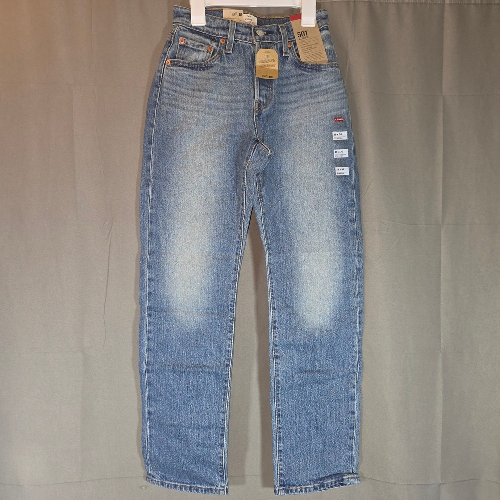 Levis 501 Curve Stretch High Rise Straight Leg Blue Jeans‎ 25x30 Medium Wash